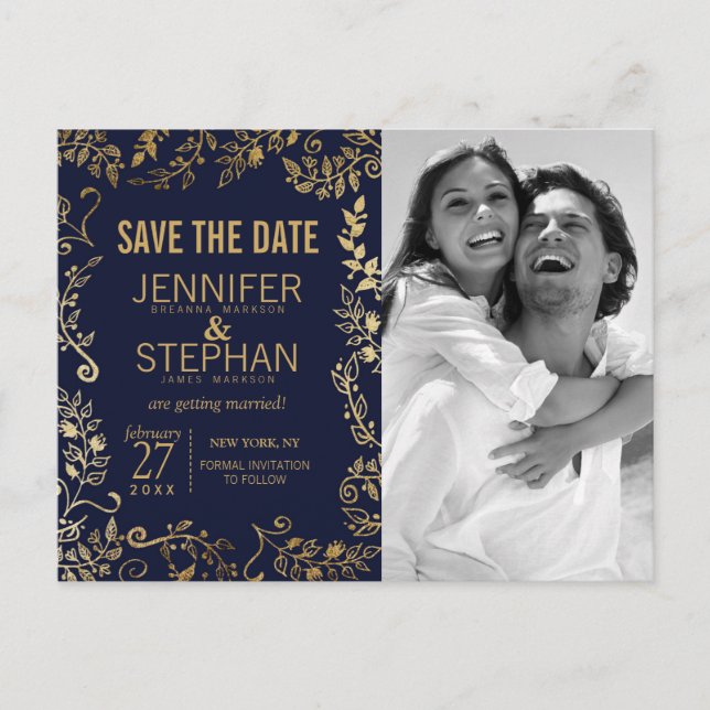 Elegant Navy Blue and Gold Floral Save the Dates Announcement Postcard (Front)