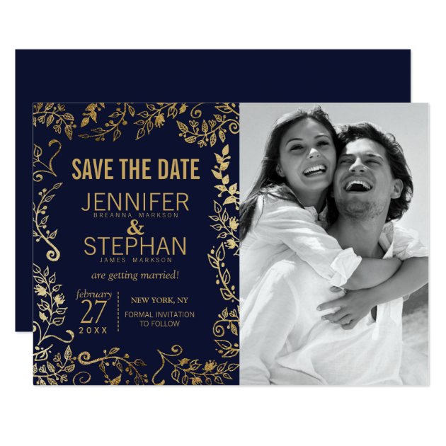 Elegant Navy Blue And Gold Floral Save The Dates Card