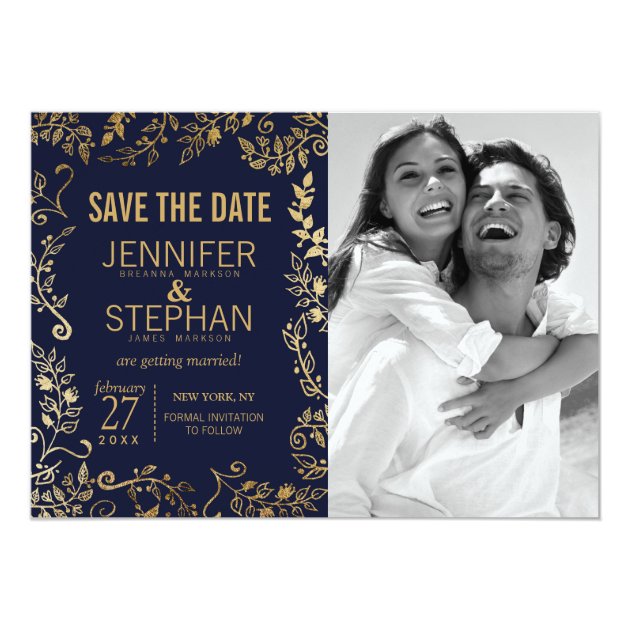 Elegant Navy Blue And Gold Floral Save The Dates Card