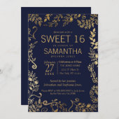 Elegant Navy Blue and Gold Floral Sweet 16 Invite (Front/Back)