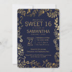 Elegant Navy Blue and Gold Floral Sweet 16 Invite