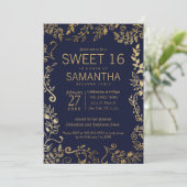 Elegant Navy Blue and Gold Floral Sweet 16 Invite (Standing Front)