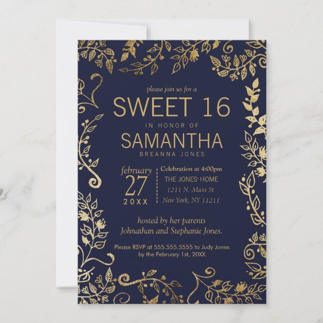 Elegant Navy Blue and Gold Floral Sweet 16 Invite (Front)
