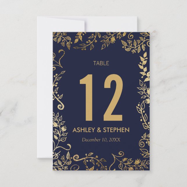 Elegant Navy Blue and Gold Floral Table Numbers (Front)
