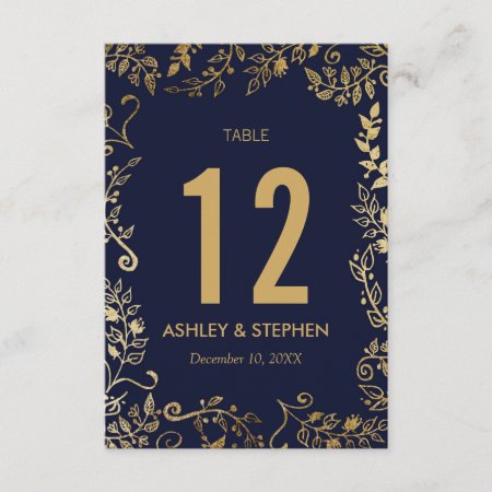 Elegant Navy Blue And Gold Floral Table Numbers