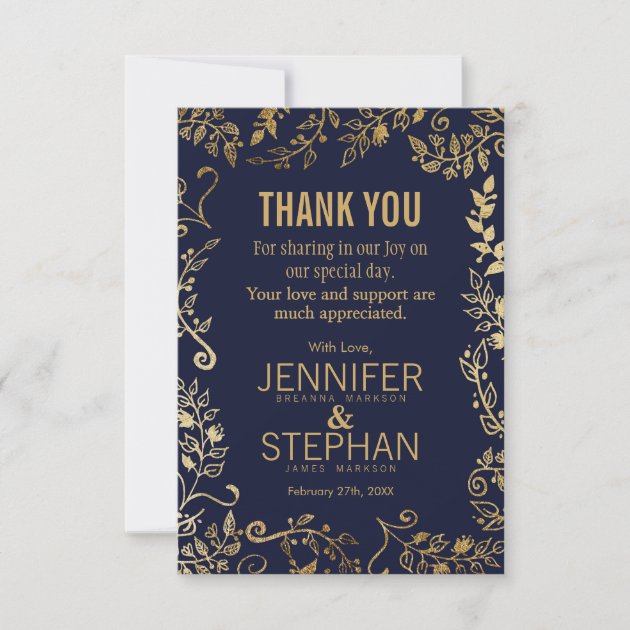 Elegant Navy Blue And Gold Floral Thank You Cards