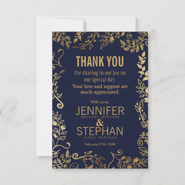 Elegant Navy Blue and Gold Floral Thank You Cards | Zazzle