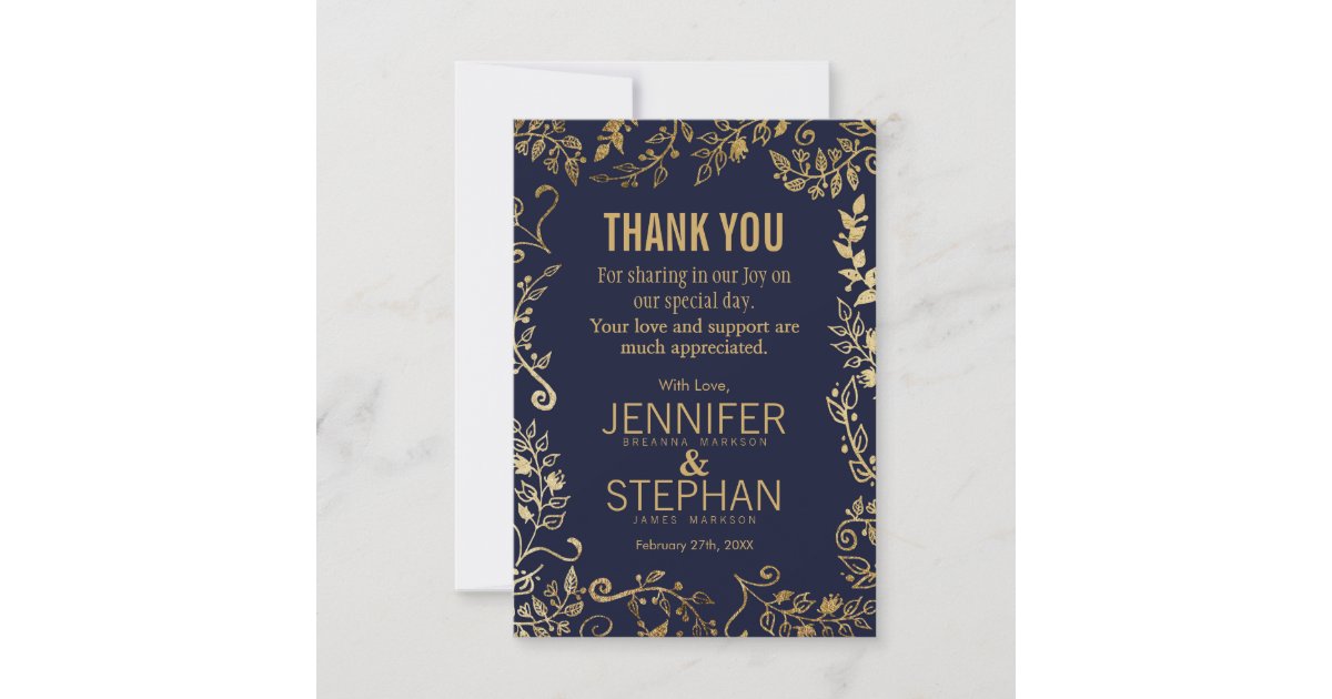 Elegant Navy Blue and Gold Floral Thank You Cards | Zazzle