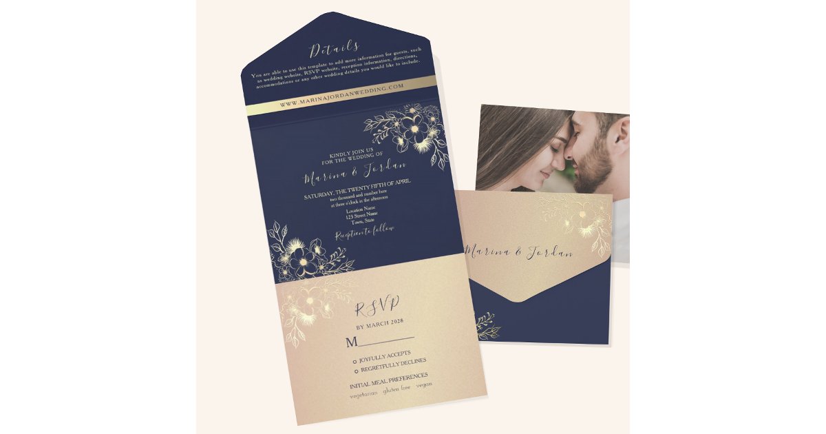 Elegant Navy Blue and Gold Floral Wedding All In One Invitation | Zazzle
