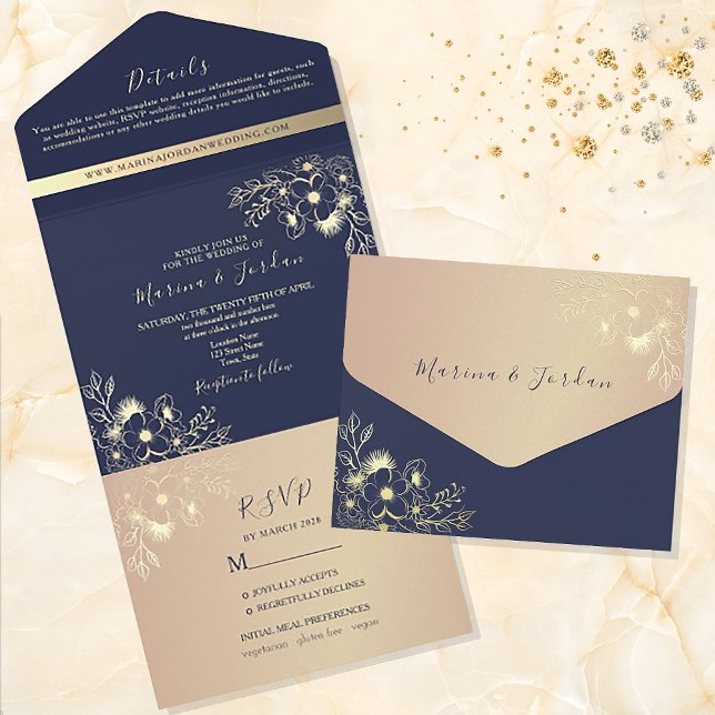 Elegant Navy Blue and Gold Floral Wedding All In One Invitation (Creator Uploaded)