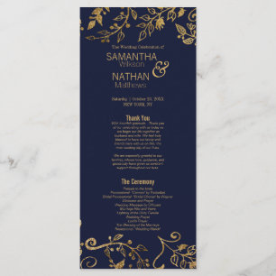 Elegant Navy Blue and Gold Floral Wedding Program