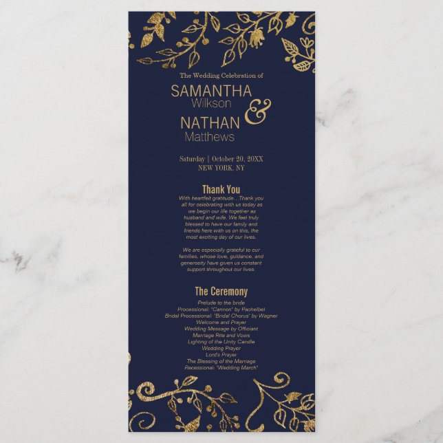Elegant Navy Blue and Gold Floral Wedding Program (Front)