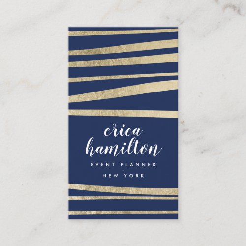 Elegant navy blue and gold foil striped geometric business card