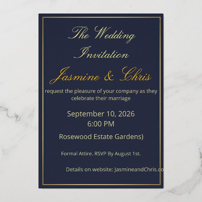 Elegant Navy Blue and Gold Foil Wedding Invitation Foil Invitation (Front)