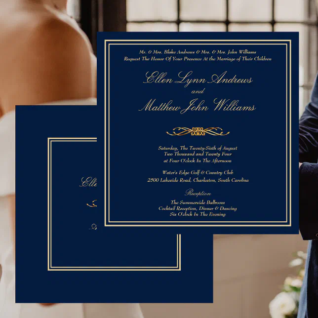 Elegant Navy Blue and Gold Formal Wedding Invitation | Zazzle