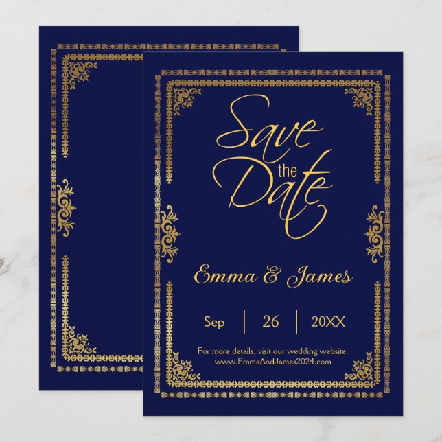 Elegant Navy Blue and Gold Frame Wedding  Save The Date (Front/Back)