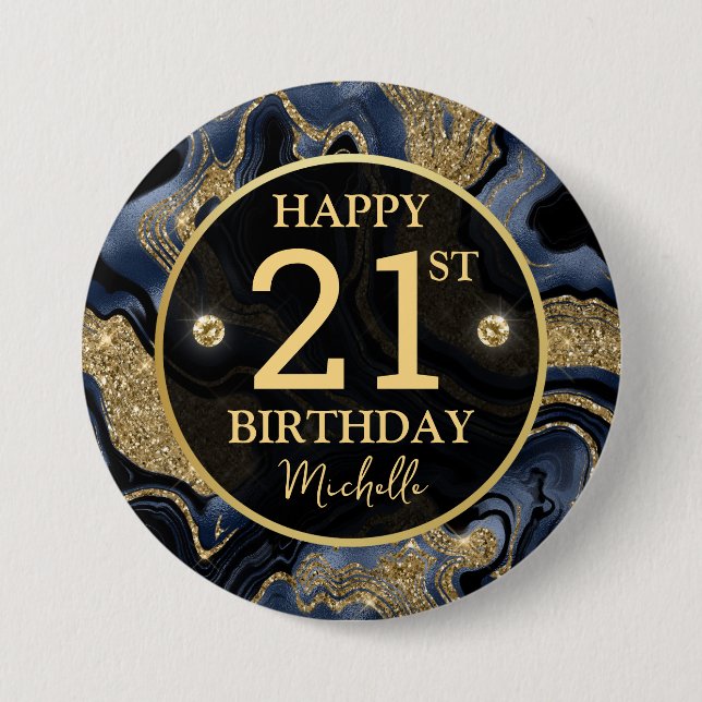 Elegant Navy Blue and Gold Glitter Agate Birthday Button (Front)