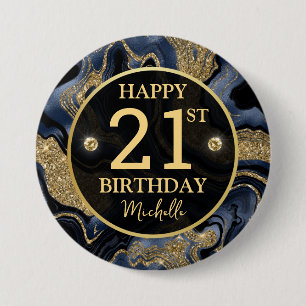Elegant Navy Blue and Gold Glitter Agate Birthday Button