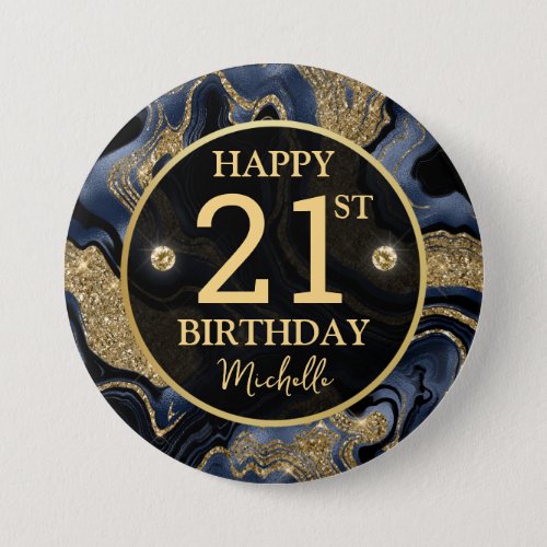 Elegant Navy Blue and Gold Glitter Agate Birthday Button