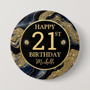 Elegant Navy Blue and Gold Glitter Agate Birthday Button