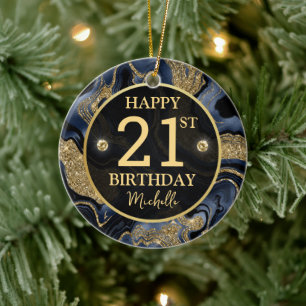 Elegant Navy Blue and Gold Glitter Agate Birthday Ceramic Ornament