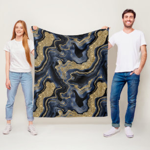 Elegant Navy Blue and Gold Glitter Agate Pattern Fleece Blanket