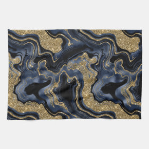 Elegant Navy Blue and Gold Glitter Agate Pattern Kitchen Towel