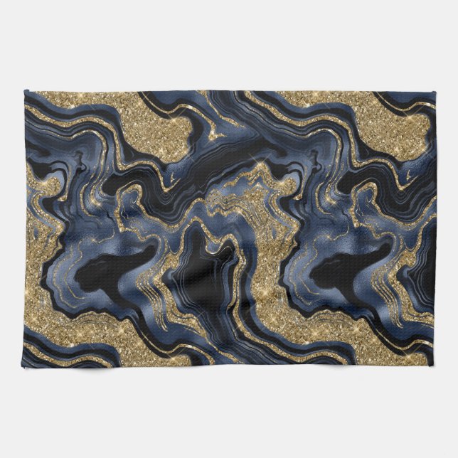 Elegant Navy Blue and Gold Glitter Agate Pattern Kitchen Towel (Horizontal)
