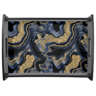 Elegant Navy Blue and Gold Glitter Agate Pattern Serving Tray