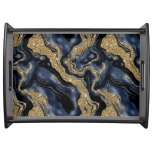Elegant Navy Blue and Gold Glitter Agate Pattern Serving Tray