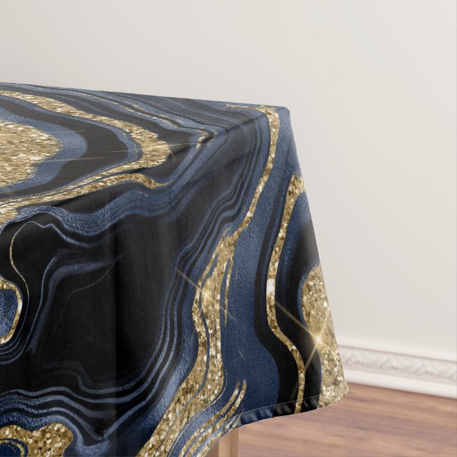 Elegant Navy Blue and Gold Glitter Agate Pattern Tablecloth (In Situ)