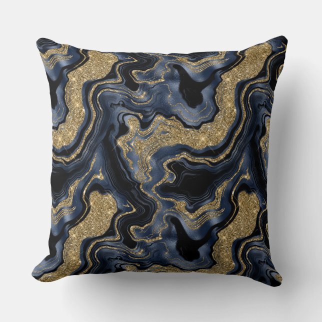 Elegant Navy Blue and Gold Glitter Agate Pattern Throw Pillow (Front)