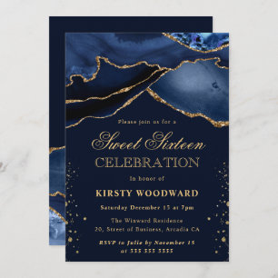 Elegant Navy Blue and Gold Glitter Agate Sweet 16 Invitation