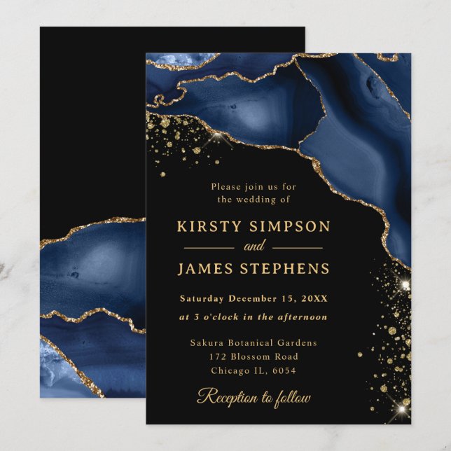 Elegant Navy Blue and Gold Glitter Agate Wedding Invitation (Front/Back)