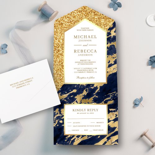 Elegant Navy Blue and Gold Glitter Marble Wedding All In One Invitation