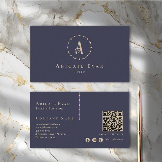 Elegant Navy Blue and Gold Glitter Monogram Business Card (Creator Uploaded)