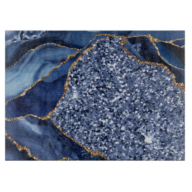 Elegant Navy Blue and Gold Glitter Ocean Agate Cutting Board (Front)