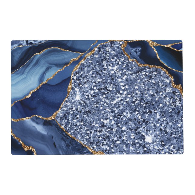Elegant Navy Blue and Gold Glitter Ocean Agate Placemat (Front)