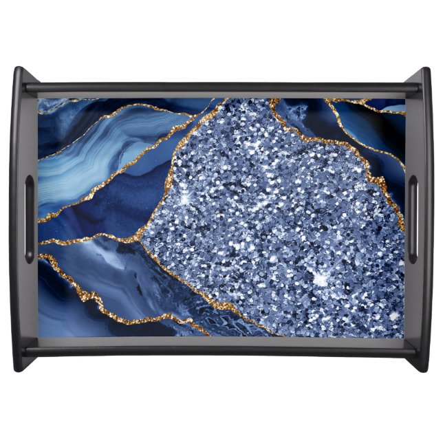 Elegant Navy Blue and Gold Glitter Ocean Agate Serving Tray (Front)