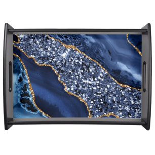 Elegant Navy Blue and Gold Glitter Ocean Agate Serving Tray