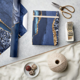 Elegant Navy Blue and Gold Glitter Ocean Agate Wrapping Paper