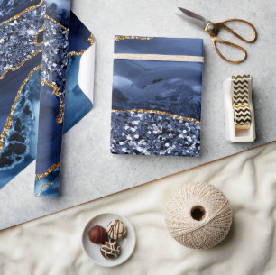 Elegant Navy Blue and Gold Glitter Ocean Agate Wrapping Paper