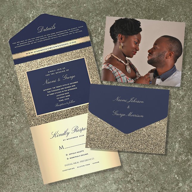 Elegant Navy Blue and Gold Glitter Wedding All In One Invitation (Creator Uploaded)