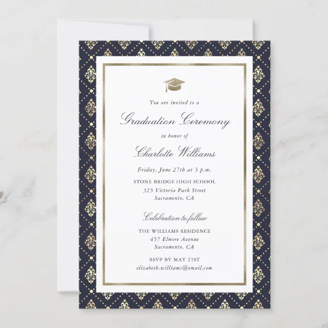 Elegant Navy Blue and Gold Graduation Ceremony Invitation | Zazzle