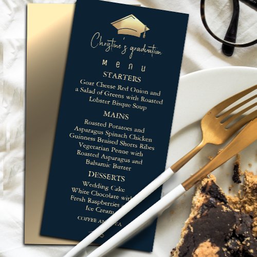 Elegant Navy Blue and Gold Graduation Menu