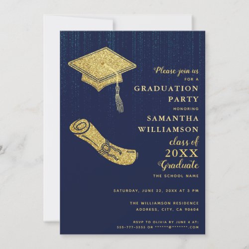 Elegant Navy Blue and Gold Graduation Party Invitation