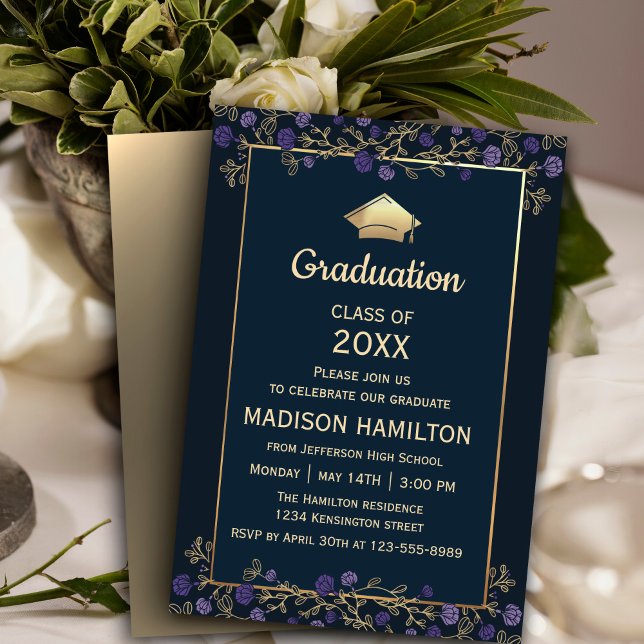 Elegant Navy Blue and Gold Graduation Party Invitation (Elegant Navy Blue and Gold Graduation Party Invitation, 
 #purpleinvitation #purplegraduation )