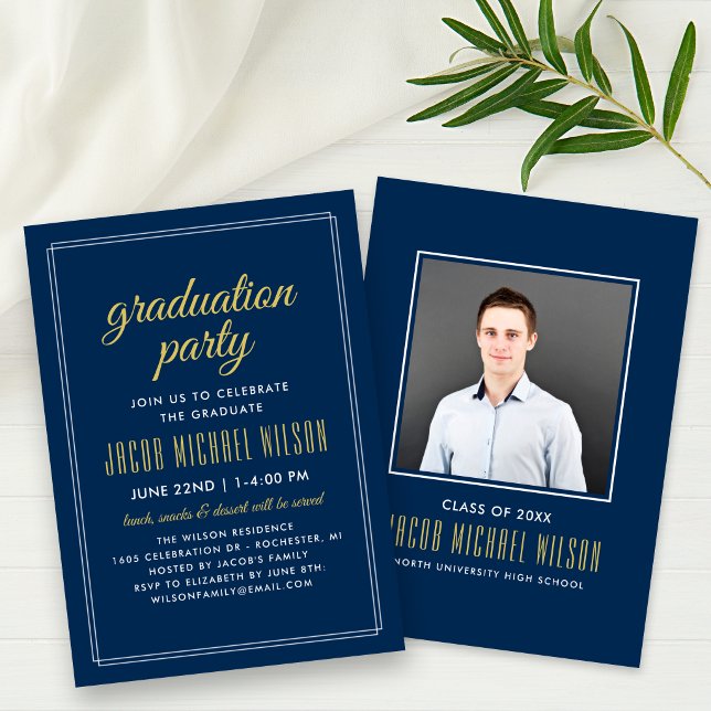 Elegant Navy Blue and Gold Graduation Party Invitation