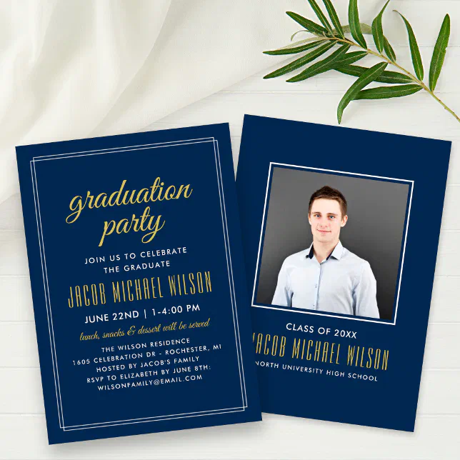 Elegant Navy Blue and Gold Graduation Party Invitation | Zazzle