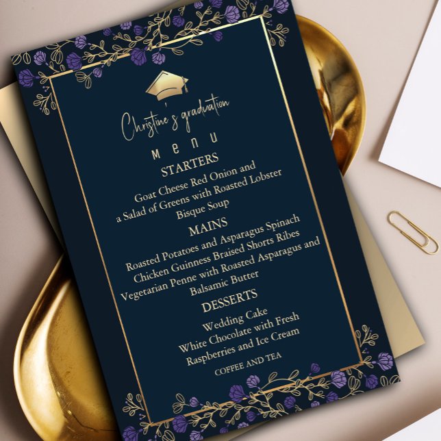 Elegant Navy Blue and Gold Graduation Party Menu Invitation (Elegant Navy Blue and Gold Graduation Party Invitation, #purplegraduate #paurplegoldinvitation)
